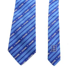 CHANEL ワイドタイ ネクタイ 総柄 シルク レジメンタルストライプ 青