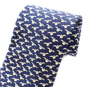 HERMES ネクタイ シルク 鳥 総柄 ネイビー