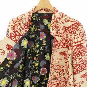 KENZO ジャケット アウター 着物風 動物柄 刺繍 ビーズ装飾 リボンベルト 42 L キナリ レッド