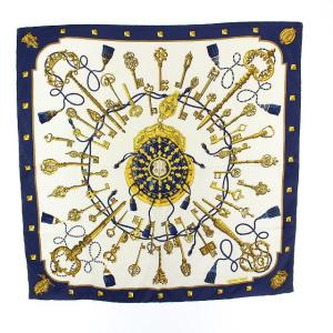 カレ90 LES CLES 鍵 スカーフ 青 白 黄色 ブルー ホワイト イエロー