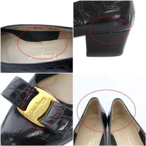 Salvatore Ferragamo DL72270 パンプス アーモンドトゥ チャンキーヒール ヴァラ レザー 型押し 6 ブラック