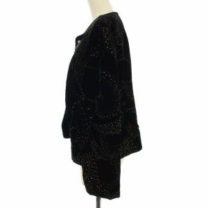 LEONARD ノーカラージャケット ベルベット 刺繍 ラメ ビジュー 総裏地 13AB3 L 黒 ブラック