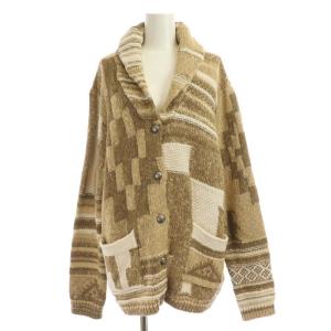 ジャガードカウチンニット 総柄 ショールカラー コンチョボタン リネン混  L ベージュ