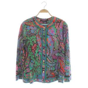 FASHION クルーネックカーディガン 長袖 総柄 金ボタン ウール LL マルチカラー