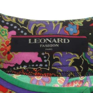 LEONARD FASHION クルーネックカーディガン 長袖 総柄 金ボタン ウール LL マルチカラー