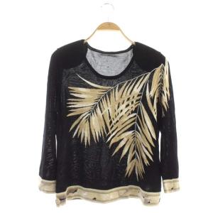 ニット カットソー 長袖 クルーネック 絹 シルク 刺繍 ラインストーン ビジュー 42 黒 ブラック ベージュ