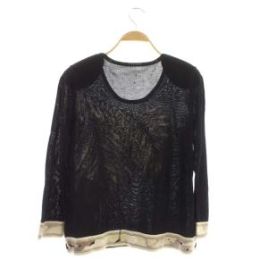 LEONARD ニット カットソー 長袖 クルーネック 絹 シルク 刺繍 ラインストーン ビジュー 42 黒 ブラック ベージュ