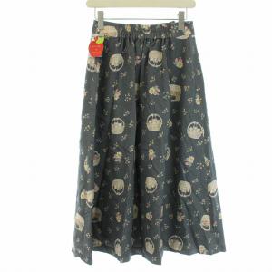 franche lippée バスケットねこスカート フレアスカート ロング フリル 総柄 コットン ウール 日本製 M グレー