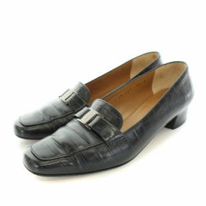 パンプス スクエアトゥ チャンキーヒール レザー 型押し 5.5D ブラック