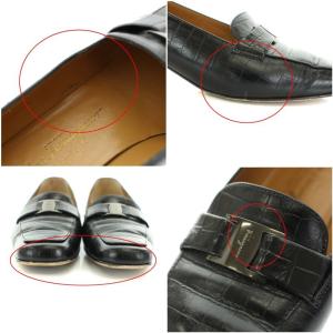 Salvatore Ferragamo パンプス スクエアトゥ チャンキーヒール レザー 型押し 5.5D ブラック