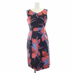 18SS ワンピース ひざ丈 Vネック ノースリーブ 花柄 36 S 紺 ネイビー 赤 レッド ピンク