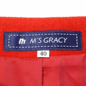 M'S GRACY ノーカラーコート ロング フレア 花 ウール 40 レッド