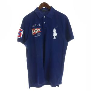 CUSTOM FIT ポロシャツ 半袖 ビッグポニー ロゴ 刺繍 ワッペン L 180/100A 青 ブルー