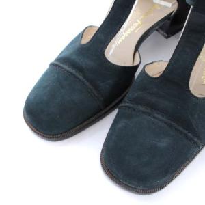 Salvatore Ferragamo BOUTIQUE ストラップパンプス チャンキーヒール スエード 5.5 ネイビー