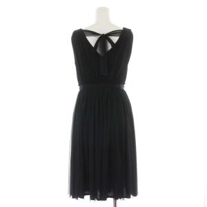 LANVIN フレアワンピース ドレス パーティー ノースリーブ プリーツスカート チュール リボン 38 M 紺 ネイビー  黒 ブラック