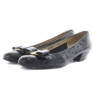 パンプス チャンキーヒール ヴァラ クロコ型押し レザー 7 24.5cm 黒 ブラック