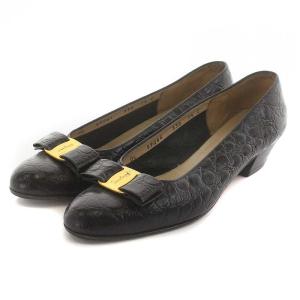 パンプス アーモンドトゥ 型押し レザー チャンキーヒール 7.5 C ブラック