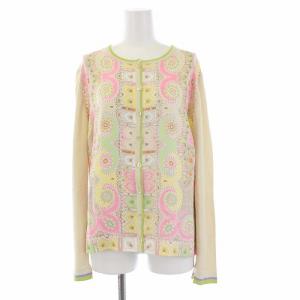 シルク ニットカーディガン 長袖 クルーネック ペイズリー柄 切替 46 ベージュ