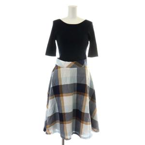 19SS ワンピース ニット ドッキング チェック柄 総柄 ロング丈 5分袖 38 ネイビー
