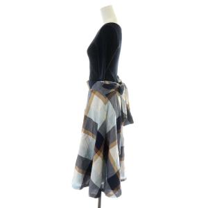 BLUE LABEL CRESTBRIDGE 19SS ワンピース ニット ドッキング チェック柄 総柄 ロング丈 5分袖 38 ネイビー