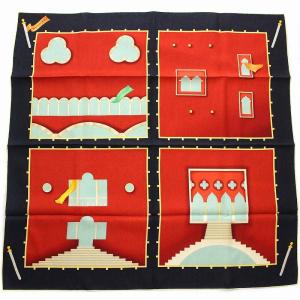 スカーフ カレ Davide Pizzigoni シルク100％ 総柄 紺 ネイビー 赤 レッド