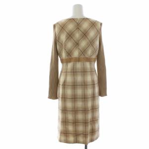 M'S GRACY ワンピース 長袖 ひざ丈 チェック リブ 切替 ウール 40 ベージュ