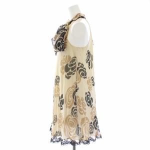 Grace Class ワンピース シルク ボウタイ フラワープリント ひざ丈 ノースリーブ 36 S ベージュ