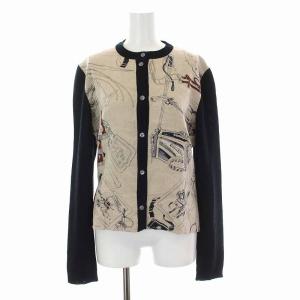 カーディガン ニット 切替 総柄 クルーネック リネン 長袖 ベージュ