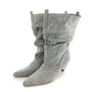 STELLA McCARTNEY ショートブーツ デニム ギャザー ルーズ ポインテッドトゥ ローヒール 37 24cm ライトブルー