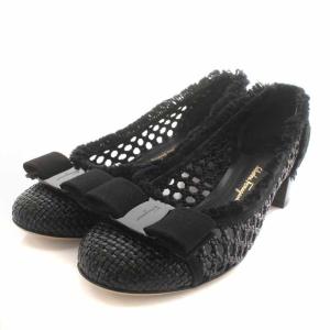 ヴァラ パンプス ラウンドトゥ ローヒール レース 5.5 23cm 黒 ブラック