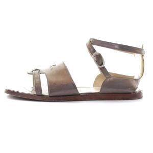 CHANEL サンダル ストラップ スクエアトゥ ココマーク フラット レザー 35.5 ブラウン