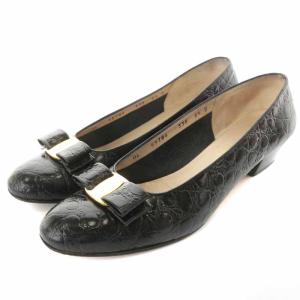 ヴァラ パンプス チャンキーヒール リボン レザー 8.5 26cm ブラック