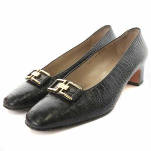 CASSIA パンプス チャンキーヒール クロコ型押し レザー 8.5 ブラック