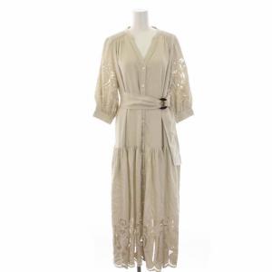 20SS カットワークティアードワンピース ロング キーネック 7分袖 レース ベルト 36 S ベージュ