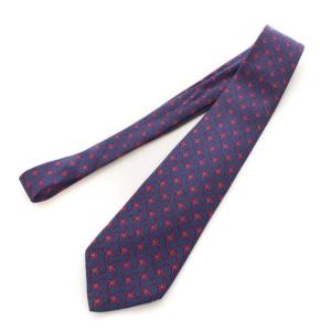 HERMES ネクタイ レギュラータイ 総柄 シルク100% フランス製 スーツ フォーマル 紺 ネイビー 赤 レッド