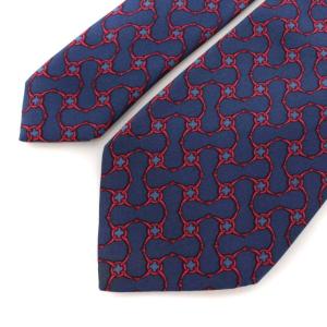 HERMES ネクタイ レギュラータイ 総柄 シルク100% フランス製 スーツ フォーマル 紺 ネイビー 赤 レッド