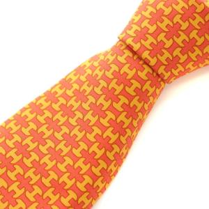 ネクタイ レギュラータイ Hロゴ 総柄 シルク100% サテン フランス製 スーツ フォーマル オレンジ