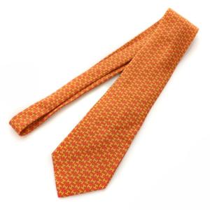 HERMES ネクタイ レギュラータイ Hロゴ 総柄 シルク100% サテン フランス製 スーツ フォーマル オレンジ