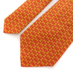 HERMES ネクタイ レギュラータイ Hロゴ 総柄 シルク100% サテン フランス製 スーツ フォーマル オレンジ