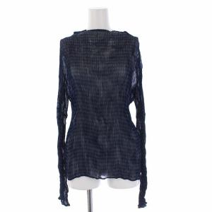 プリーツ カットソー 長袖 チェック 2 ネイビー ブルー