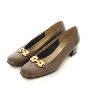 パンプス ガンチーニ ローヒール スクエアトゥ レザー ロゴ 靴 シューズ 7.5C 25cm 茶 ブラウン