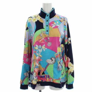 ニットポロシャツ カットソー 総柄 長袖 44 ブルー