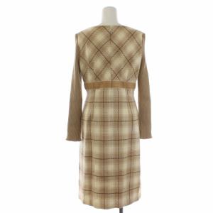 M'S GRACY ワンピース 長袖 ひざ丈 チェック リブ 切替 ウール 40 ベージュ