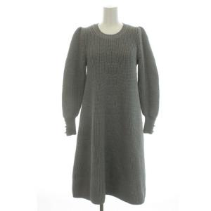 ニットワンピース ひざ丈 クルーネック 長袖 近年モデル パール リボン ビジュー 38 M グレー