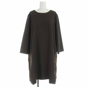ワンピース ひざ丈 プリーツ 切替 ヒョウ柄 レオパード柄 七分袖 大きいサイズ 17+ XXXL 茶 ブラウン
