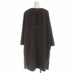 Leilian ワンピース ひざ丈 プリーツ 切替 ヒョウ柄 レオパード柄 七分袖 大きいサイズ 17+ XXXL 茶 ブラウン