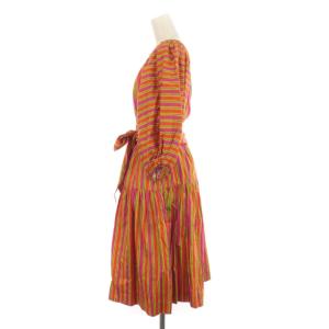 YVES SAINT LAURENT セットアップ 上下 2点セット ストライプ ブラウス プルオーバー 七分袖 スカート ひざ丈 リボン M オレンジ