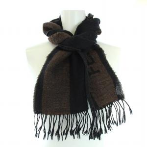 FENDI マフラー ストール ウール フリンジ ロゴ 黒 ブラック 茶 ブラウン