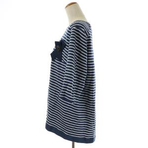 Leilian Tシャツ カットソー Uネック プルオーバー 七分袖 大きいサイズ ブローチ ボーダー 17 3L 紺 ネイビー 白 ホワイト