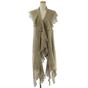 ロングジレ ベスト ニット かぎ編み フリル 麻 リネン S ベージュ EC